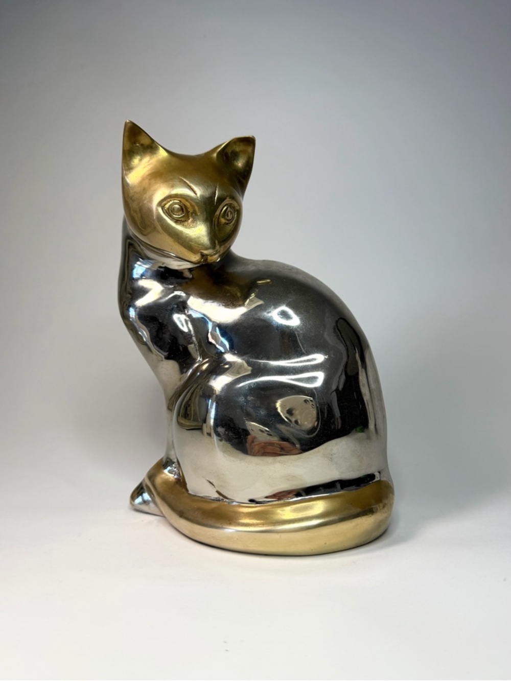 1970s solid Brass & Chrome plated Cat Sculpture